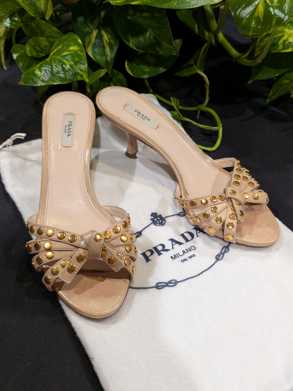 Prada Nude Studded Leather Slide Sandals